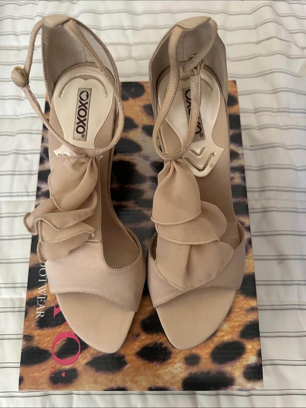 XOXO Nude Ruffle Ankle-Strap Heels 3” heels